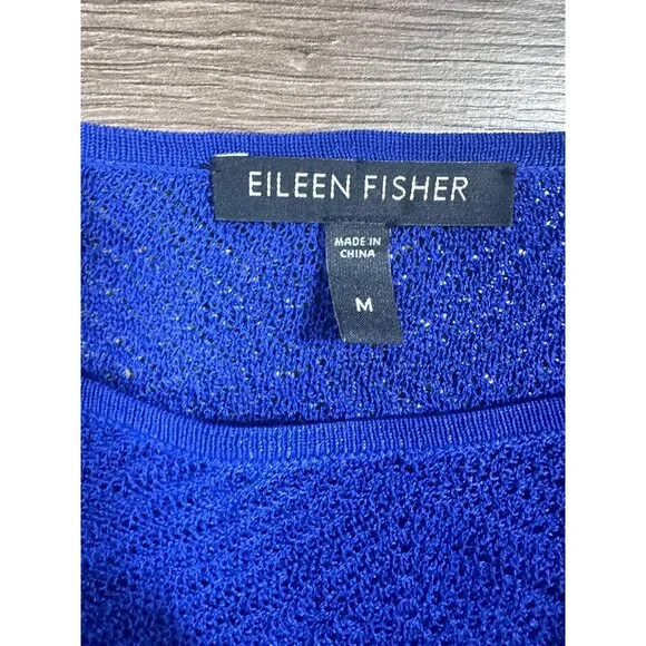 Eileen Fisher Adriatic Blue Rayon Nylon Crinkle Diamond Tunic Sweater Top M - Picture 5 of 9